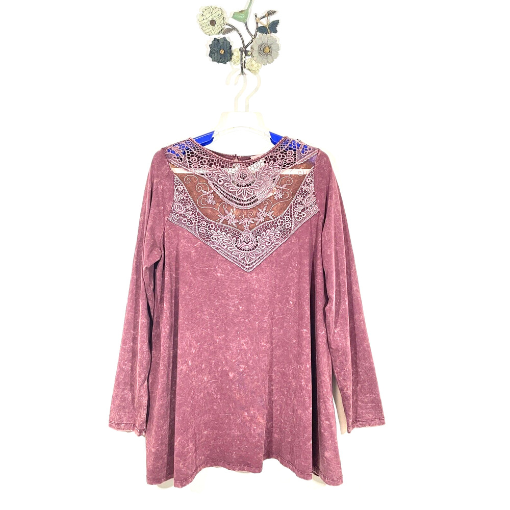 Easel Size Large Mineral Wash Dark Mauve Tunic Lace Yoke Back Button Detail NEW
